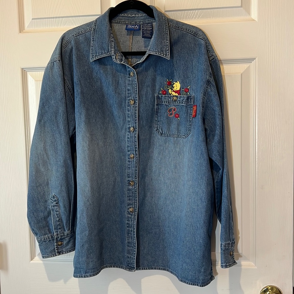 Vintage Disney Embroidered Winnie the Pooh Denim Long Sleeve Shirt, Sz XL